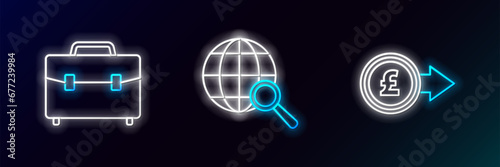 Set line Coin money with pound sterling symbol, Briefcase and Magnifying glass globe icon. Glowing neon. Vector