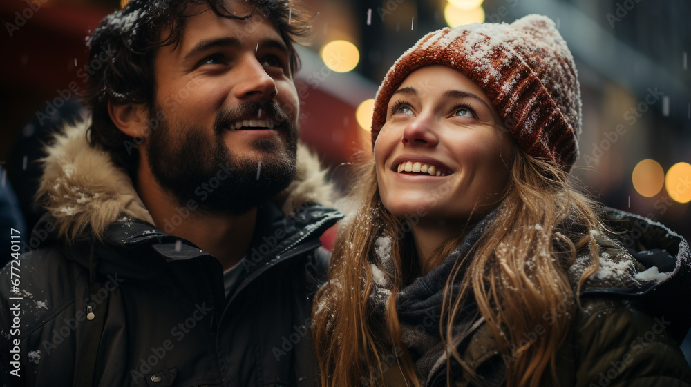 Young couple looking at December's first snow. Young couple looking at December's first snow.