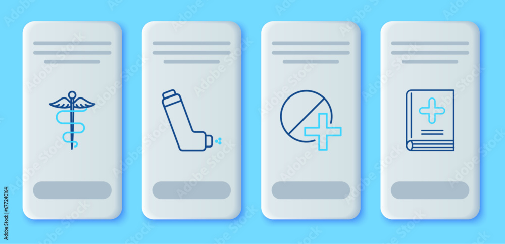Set line Inhaler, Medicine pill or tablet, Caduceus snake medical symbol and Medical book icon. Vector Set line Inhaler, Medicine pill or tablet, Caduceus snake medical symbol and Medical book icon. Vector