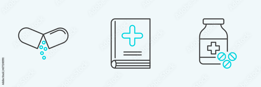 Set line Medicine bottle and pills, or tablet and Medical book icon. Vector Set line Medicine bottle and pills, or tablet and Medical book icon. Vector