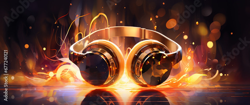 music world banner, modern headphones stand on a background with golden lights, in oil painting style. photo