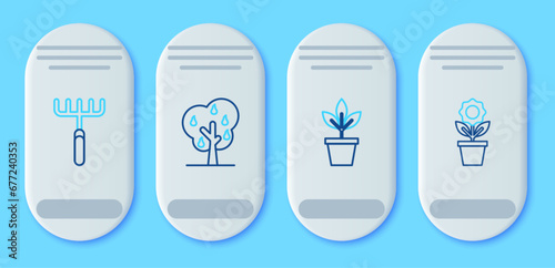 Set line Tree with pears, Flowers in pot, Garden rake and icon. Vector