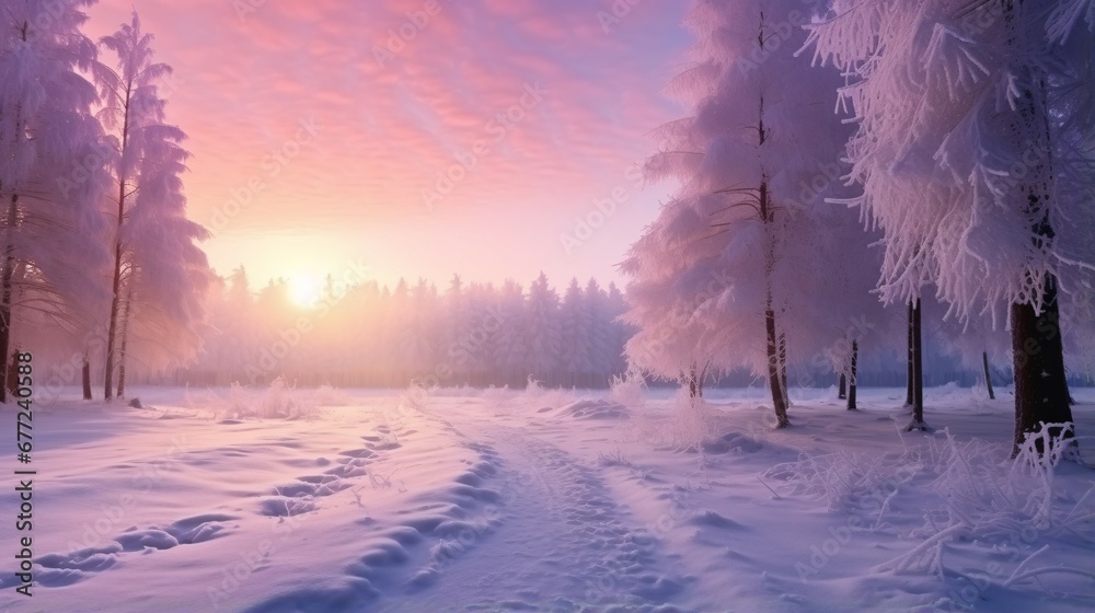 winter panorama landscape with forest, trees covered snow and sunrise. winterly morning of a new day. purple winter landscape with sunset, panoramic view - obrazy, fototapety, plakaty 