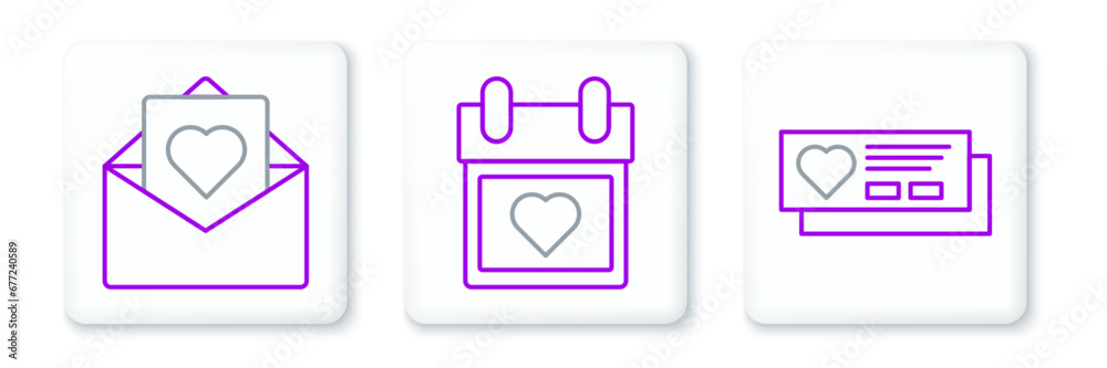 Set line Ticket with heart, Envelope Valentine and Calendar icon. Vector Set line Ticket with heart, Envelope Valentine and Calendar icon. Vector