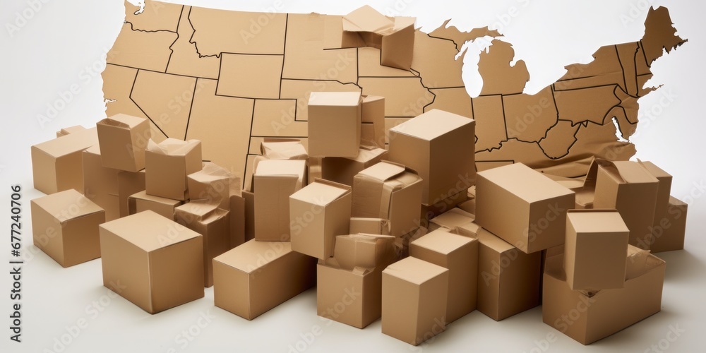 The United States Map Crafted from Cardboard Blocks Symbolizes Global Delivery and the Ever-Expanding Reach of Online Shopping in the Interconnected World of Digital Commerce