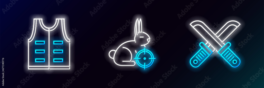 Set line Crossed hunter knife, Hunting jacket and on rabbit with crosshairs icon. Glowing neon. Vector Set line Crossed hunter knife, Hunting jacket and on rabbit with crosshairs icon. Glowing neon. Vector