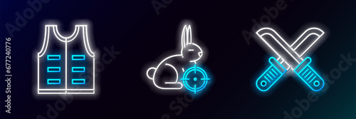 Set line Crossed hunter knife, Hunting jacket and on rabbit with crosshairs icon. Glowing neon. Vector