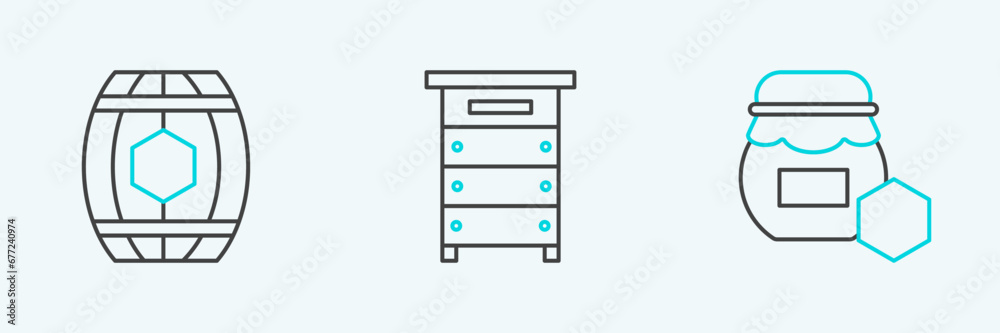 Set line Jar of honey, Wooden barrel with and Hive for bees icon. Vector Set line Jar of honey, Wooden barrel with and Hive for bees icon. Vector