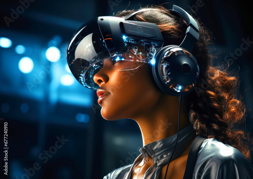 Young woman wearing virtual reality glasses on a black background, concept of the future in the digital world