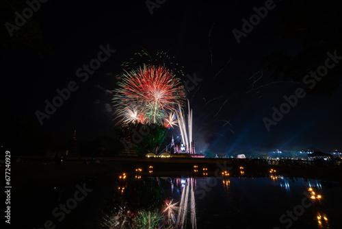 Fireworks at Sukhothai Province in the north of Thailand during the Loi Krathong Light and Candle Burning Festival and New Year