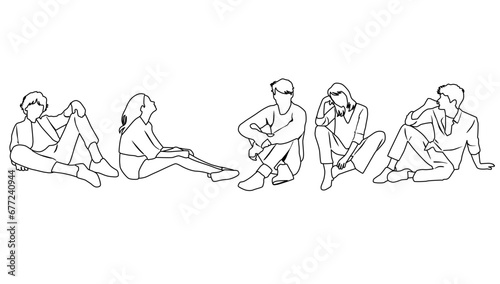 Vector silhouettes of  men and a women, linear sketch, a group of sitting   business people, profile, black  color isolated on white background