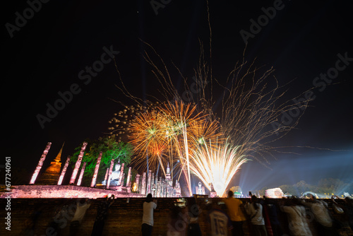 Fireworks at Sukhothai Province in the north of Thailand during the Loi Krathong Light and Candle Burning Festival and New Year