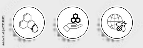 Set line Honeycomb map of the world and bee, and hand icon. Vector