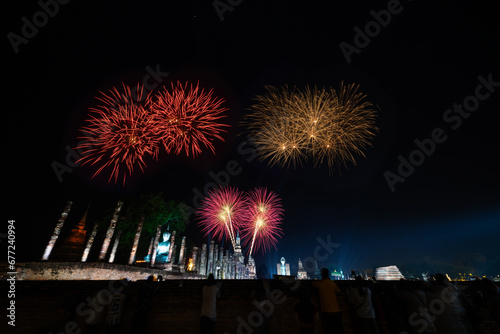 Fireworks at Sukhothai Province in the north of Thailand during the Loi Krathong Light and Candle Burning Festival and New Year