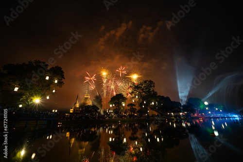 Fireworks at Sukhothai Province in the north of Thailand during the Loi Krathong Light and Candle Burning Festival and New Year