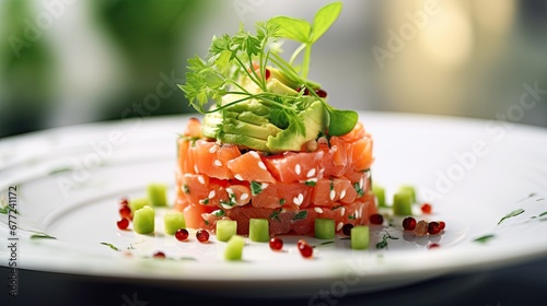 Tasty salmon tartare with avocado and greens on white table, closeup photo