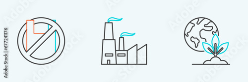 Set line Earth globe and plant, Say no to plastic bags poster and Factory icon. Vector