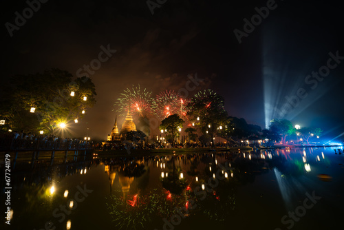 Fireworks at Sukhothai Province in the north of Thailand during the Loi Krathong Light and Candle Burning Festival and New Year