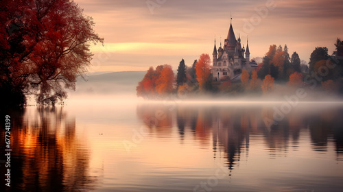 Lake with island and castle in europe on early morning with morning fog on the water surface
