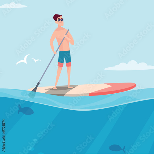 Man on surfboard. outdoor horizont illustration of sea landscape with man surfing