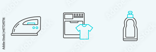 Set line Plastic bottles for liquid dishwashing liquid, Electric iron and Washer and t-shirt icon. Vector