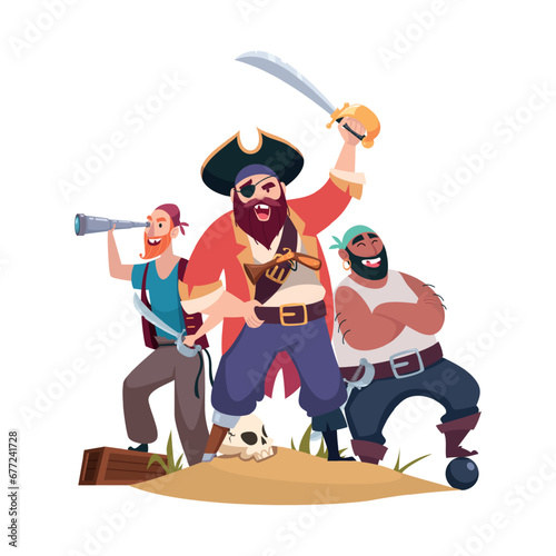 Pirates. Group of aggressive pirate corsair sailors with weapons standing in action poses. Vector template