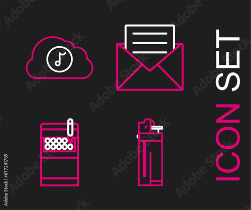 Set line Lighter, Open cigarettes pack box, Envelope with invitation card and Music streaming service icon. Vector