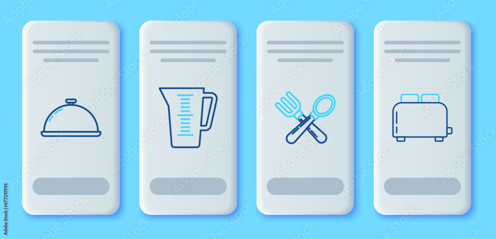 Set line Measuring cup, Crossed fork and spoon, Covered with tray of food and Toaster toasts icon. Vector