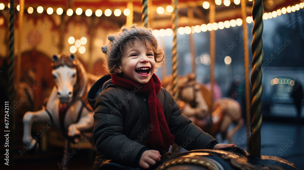 A child with curly hair is laughing joyfully while riding on a carousel horse, surrounded by the warm glow of lights at dusk.