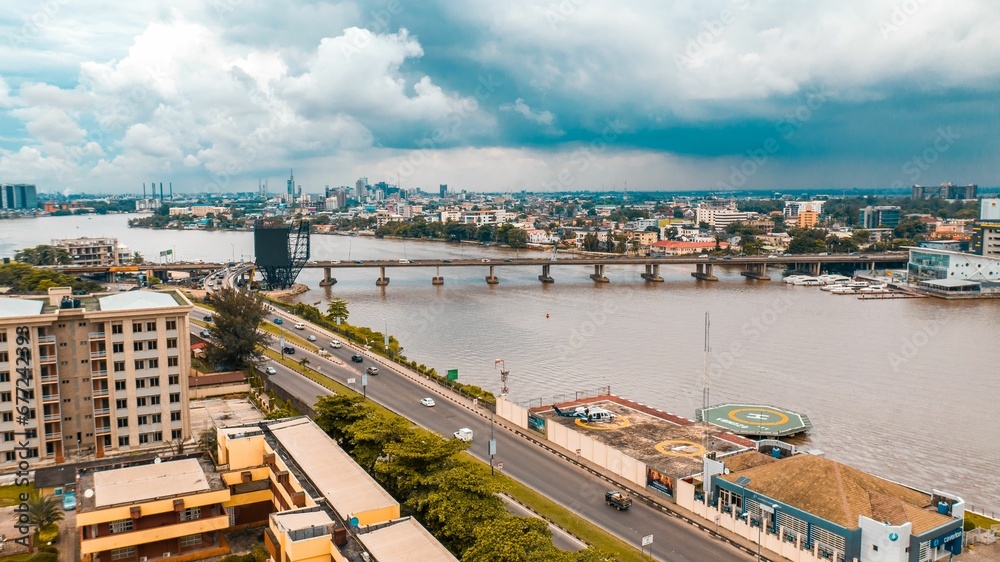 Aerial view of Faloko bridge connecting the coasts of Lagos city