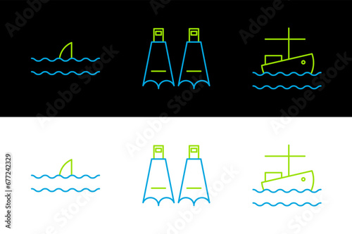 Set line Fishing boat on water, Shark fin ocean wave and Rubber flippers for swimming icon. Vector