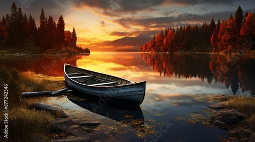 Lake boat at sunset. Boat in the lake at sunset