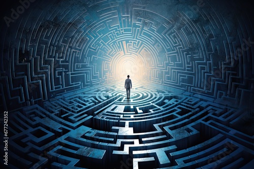 Echoes of Solitude, a man standing in front of a vast endless labyrinth