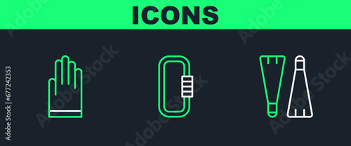 Set line Rubber flippers for swimming, Gloves and Carabiner icon. Vector