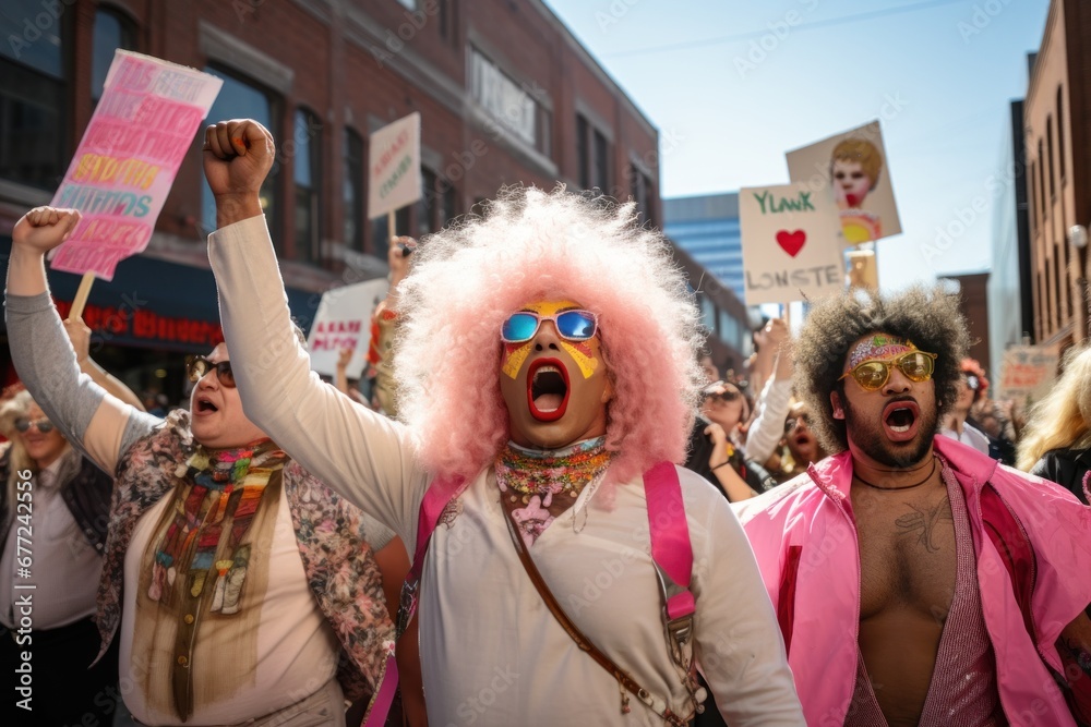 Drag queens protesting on a city street marching