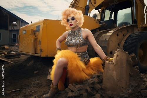 Stunningly fashionable drag queen posing at a construction site