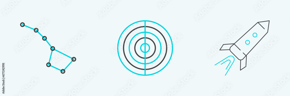 Set line Rocket ship with fire, Great Bear constellation and Earth structure icon. Vector Set line Rocket ship with fire, Great Bear constellation and Earth structure icon. Vector