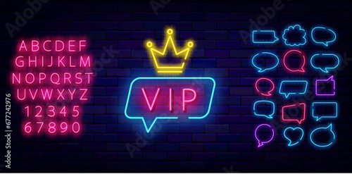Vip neon emblem. Speech bubbles frames set. Very important person label. Crown icon. Vector stock illustration