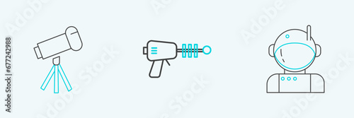 Set line Astronaut, Telescope and Ray gun icon. Vector