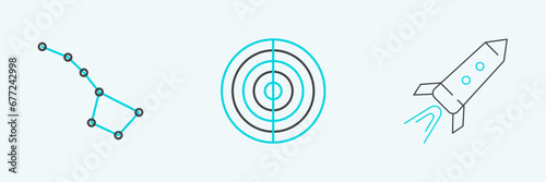 Set line Rocket ship with fire, Great Bear constellation and Earth structure icon. Vector