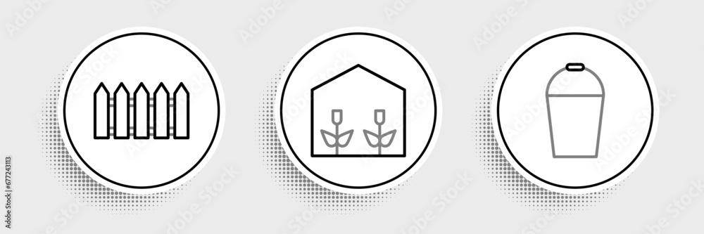 Set line Bucket, Garden fence wooden and Home greenhouse and plants icon. Vector Set line Bucket, Garden fence wooden and Home greenhouse and plants icon. Vector