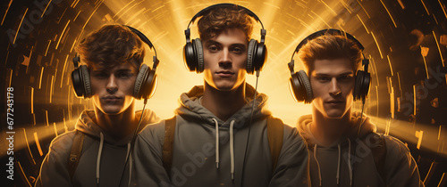 close-up of three men wearing golden headphones standing shoulder to shoulder against a golden circle background, cloudpunk style. Banner for music party, DJ music