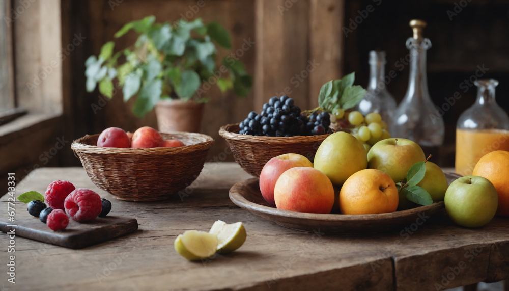 Rustic Farmhouse Table with Organic Fruit Bowl and Fresh Produce. Rustic Farmhouse Table with Organic Fruit Bowl and Fresh Produce.
