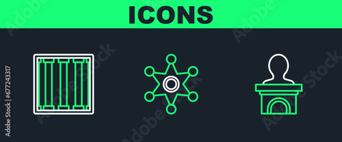 Set line Stage stand or debate podium rostrum, Prison window and Hexagram sheriff icon. Vector