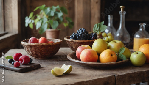 Rustic Farmhouse Table with Organic Fruit Bowl and Fresh Produce.
