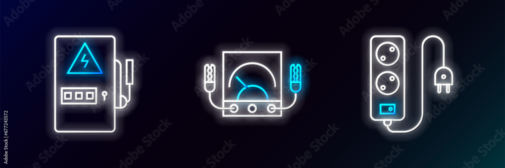 Set line Electric extension cord, Electrical panel and Ampere meter, multimeter, voltmeter icon. Glowing neon. Vector Set line Electric extension cord, Electrical panel and Ampere meter, multimeter, voltmeter icon. Glowing neon. Vector