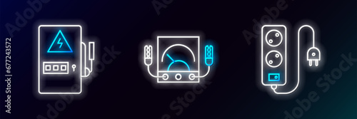 Set line Electric extension cord, Electrical panel and Ampere meter, multimeter, voltmeter icon. Glowing neon. Vector
