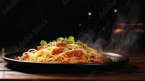 Delicious spaghetti served on a black plate put on wood table.