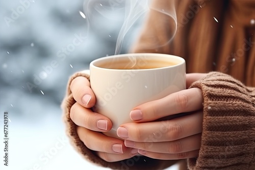 Hands holding a mug with a hot drink.