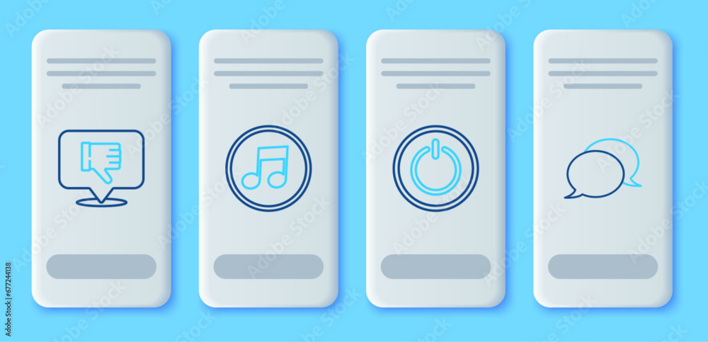 Set line Music note, tone, Power button, Dislike in speech bubble and Speech chat icon. Vector
